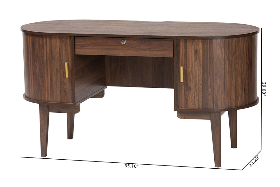 Mid-century modern wood desk with storage, brass handles, and dimensions shown