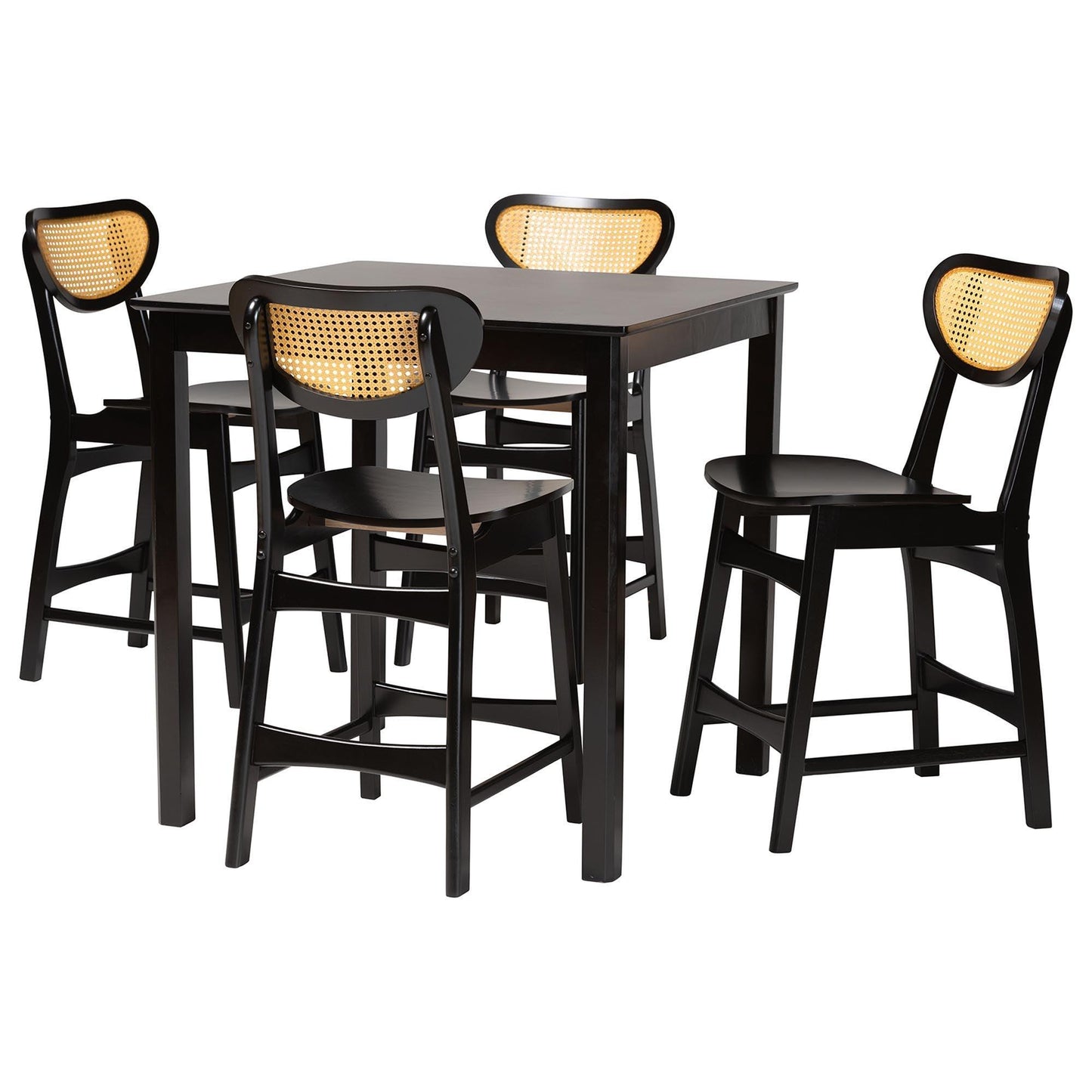 Baxton Studio Hesper Mid-Century Modern Dark Brown Finished Wood and Rattan 5-Piece Pub Set FredCo
