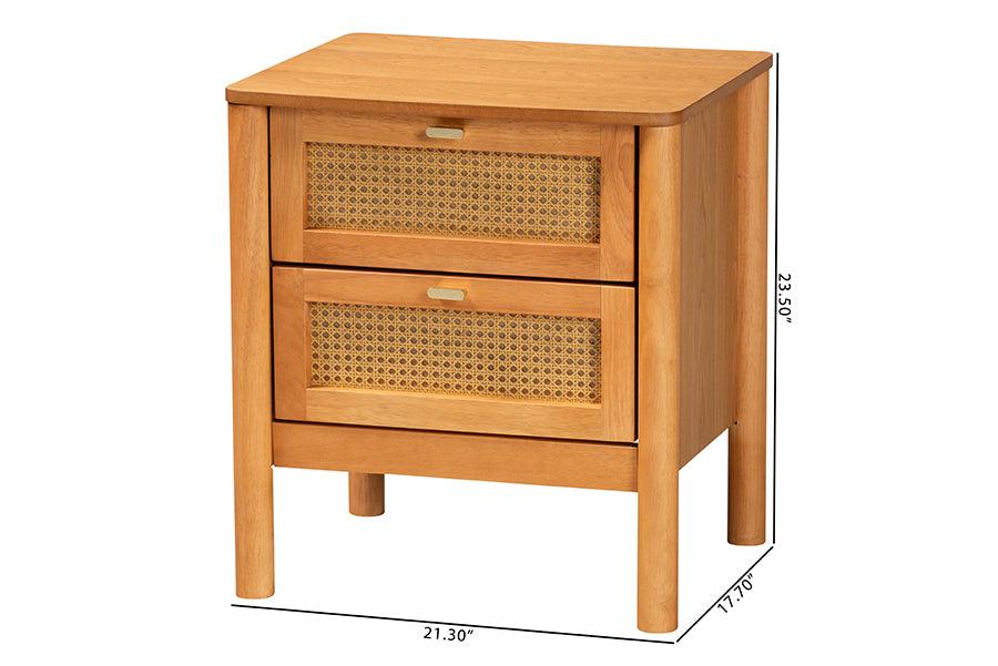 Baxton Studio Jenn Golden Brown Wood Japandi 2-Drawer Nightstand with Distressed-Finished Rattan FredCo