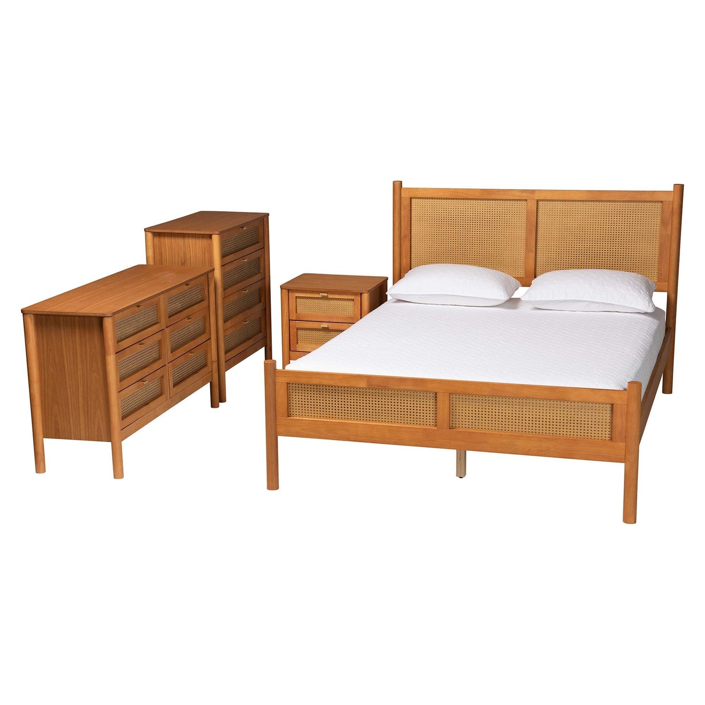 Baxton Studio Jenn Golden Brown Wood Japandi 4-Piece Queen Size Bedroom Set with Distressed-Finished Rattan FredCo