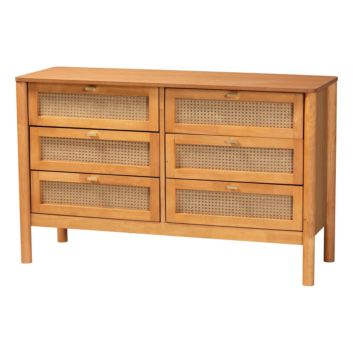 Baxton Studio Jenn Golden Brown Wood Japandi 6-Drawer Dresser with Distressed-Finished Rattan FredCo