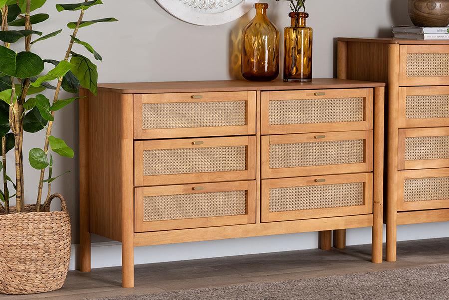 brown distressed dresser Baxton Studio Jenn Wood 6-Drawer Dresser with Distressed Finished Rattan in Golden Brown