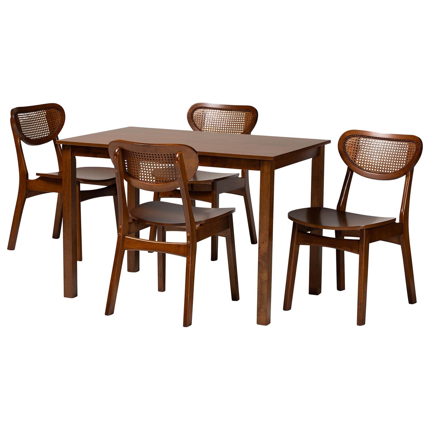 Baxton Studio Jeriah Mid-Century Modern Walnut Brown Finished Wood and Woven Rattan 5-Piece Dining Set FredCo