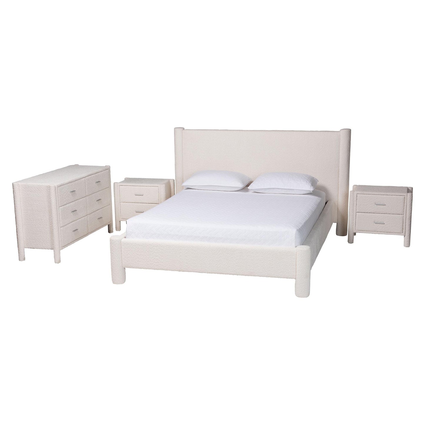 Baxton Studio Laria Modern White Teddy-Bear Fabric Queen Size 4-Piece Bedroom Set FredCo