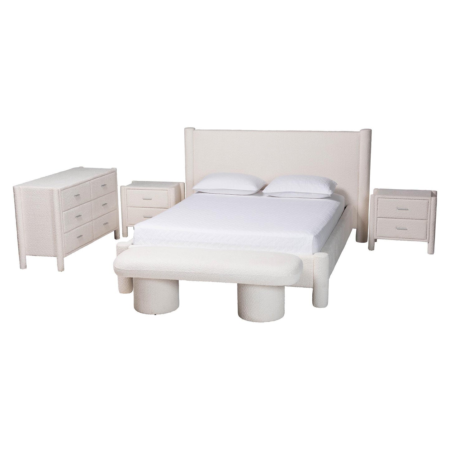 Baxton Studio Laria Modern White Teddy-Bear Fabric Queen Size 5-Piece Bedroom Set FredCo
