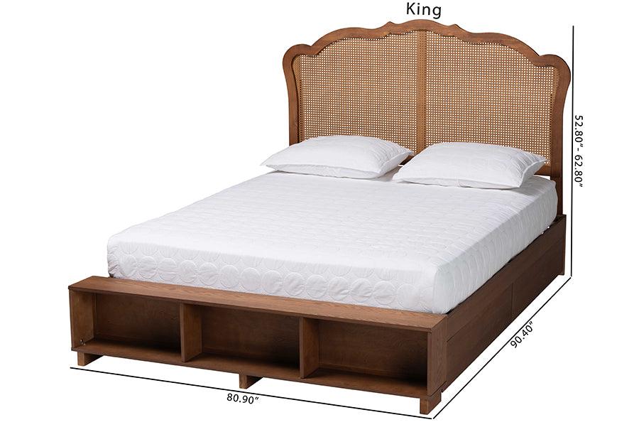 Baxton Studio Latrell Mid-Century Walnut Brown Wood and Rattan Queen Size Storage Bed FredCo