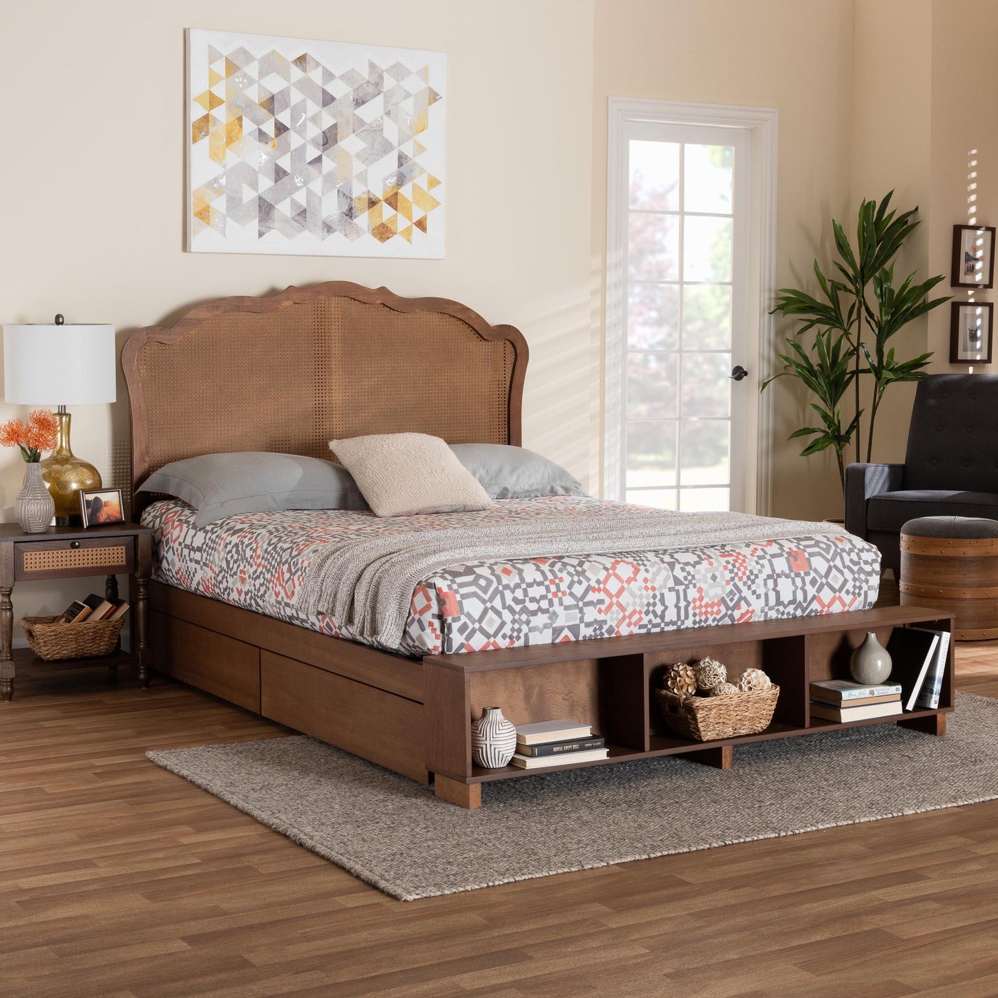 Baxton Studio Latrell Mid-Century Walnut Brown Wood and Rattan Queen Size Storage Bed FredCo