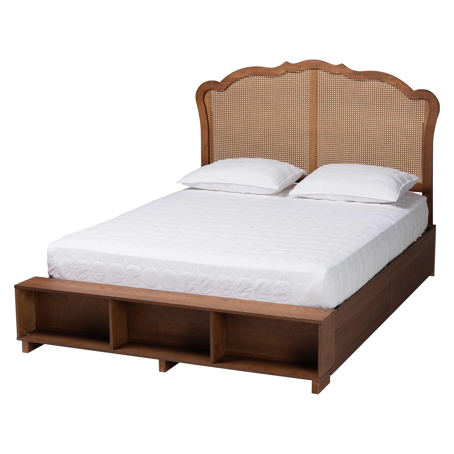 Baxton Studio Latrell Mid-Century Walnut Brown Wood and Rattan Queen Size Storage Bed FredCo