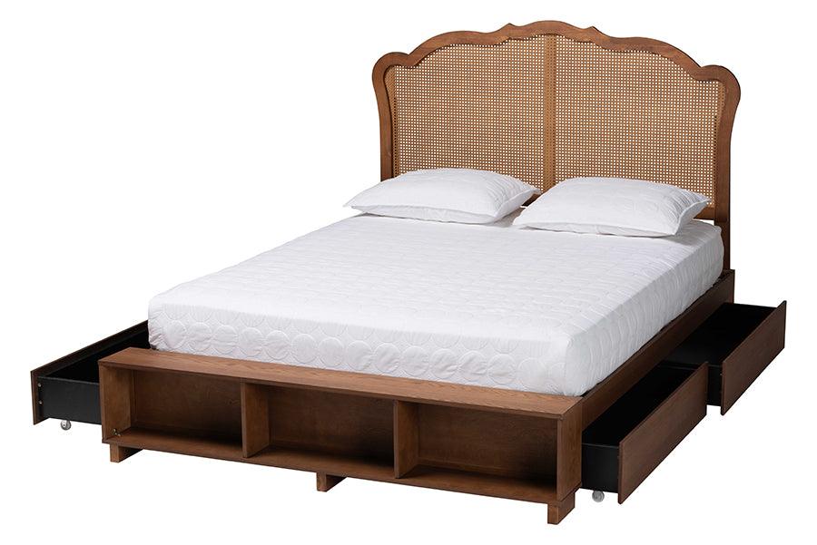 Baxton Studio Latrell Mid-Century Walnut Brown Wood and Rattan Queen Size Storage Bed FredCo