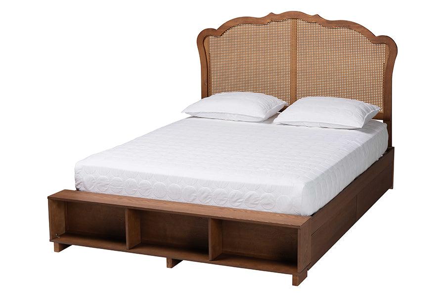 Baxton Studio Latrell Mid-Century Walnut Brown Wood and Rattan Queen Size Storage Bed FredCo