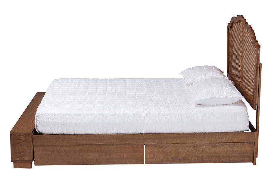 Baxton Studio Latrell Mid-Century Walnut Brown Wood and Rattan Queen Size Storage Bed FredCo