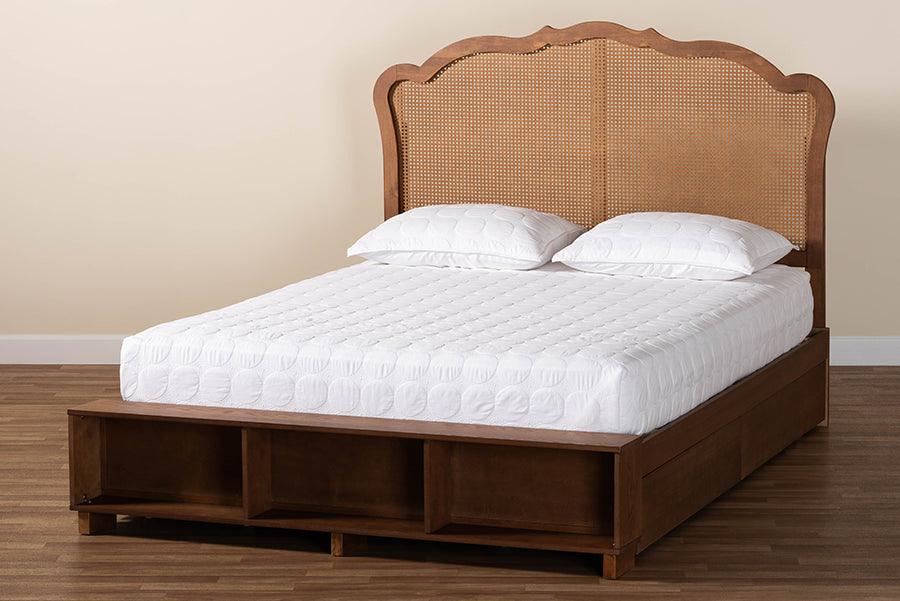 Baxton Studio Latrell Mid-Century Walnut Brown Wood and Rattan Queen Size Storage Bed FredCo