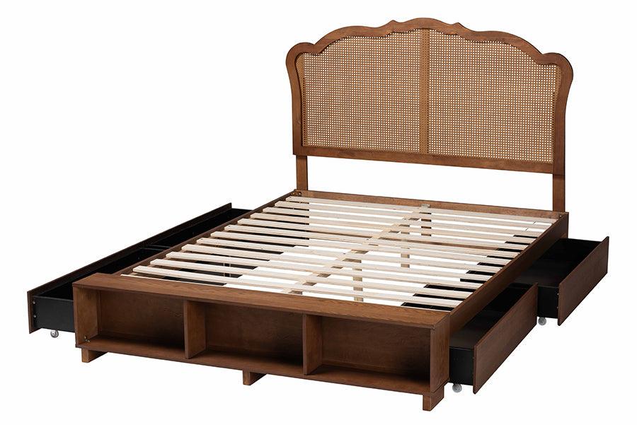 Baxton Studio Latrell Mid-Century Walnut Brown Wood and Rattan Queen Size Storage Bed FredCo