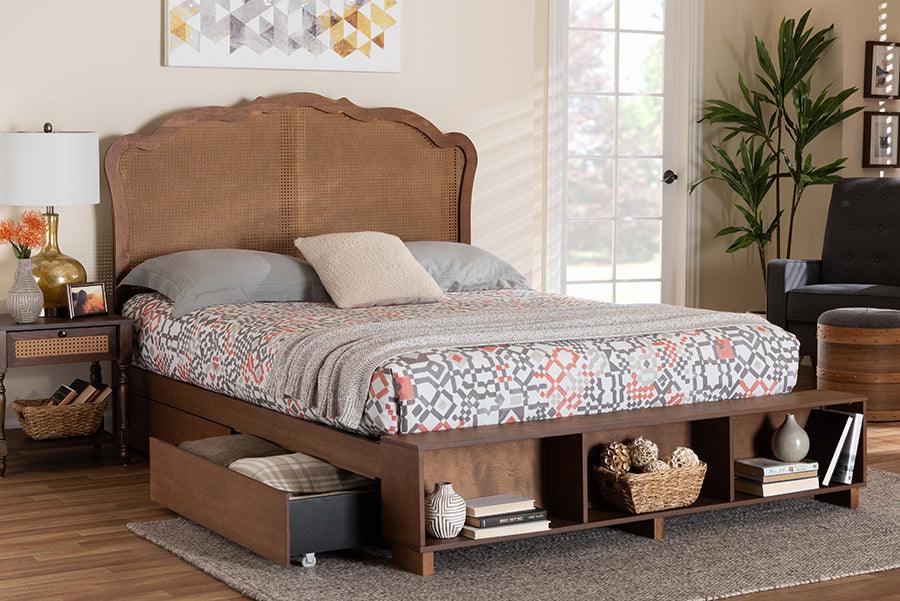Baxton Studio Latrell Mid-Century Walnut Brown Wood and Rattan Queen Size Storage Bed FredCo
