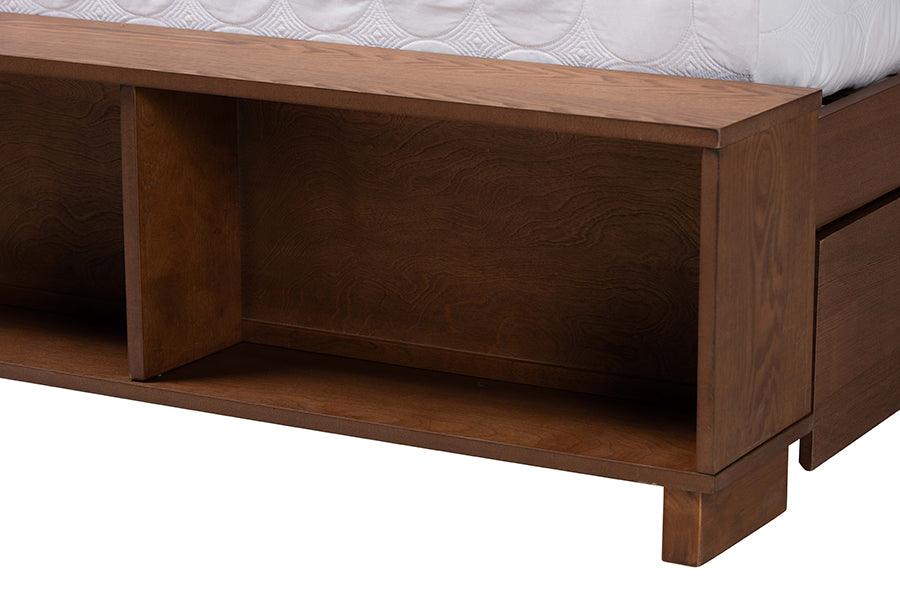 Baxton Studio Latrell Mid-Century Walnut Brown Wood and Rattan Queen Size Storage Bed FredCo