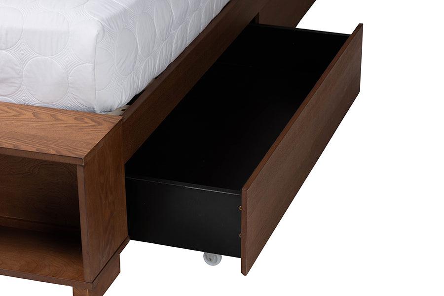 Baxton Studio Latrell Mid-Century Walnut Brown Wood and Rattan Queen Size Storage Bed FredCo