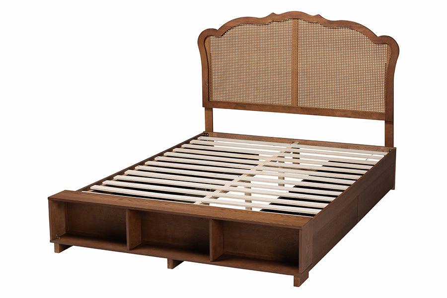 Baxton Studio Latrell Mid-Century Walnut Brown Wood and Rattan Queen Size Storage Bed FredCo