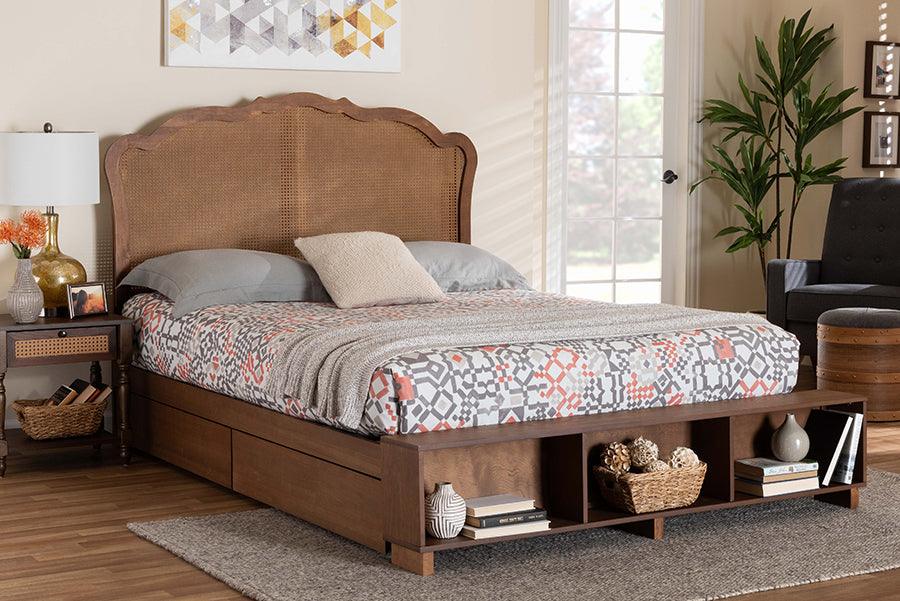 Baxton Studio Latrell Mid-Century Walnut Brown Wood and Rattan Queen Size Storage Bed FredCo