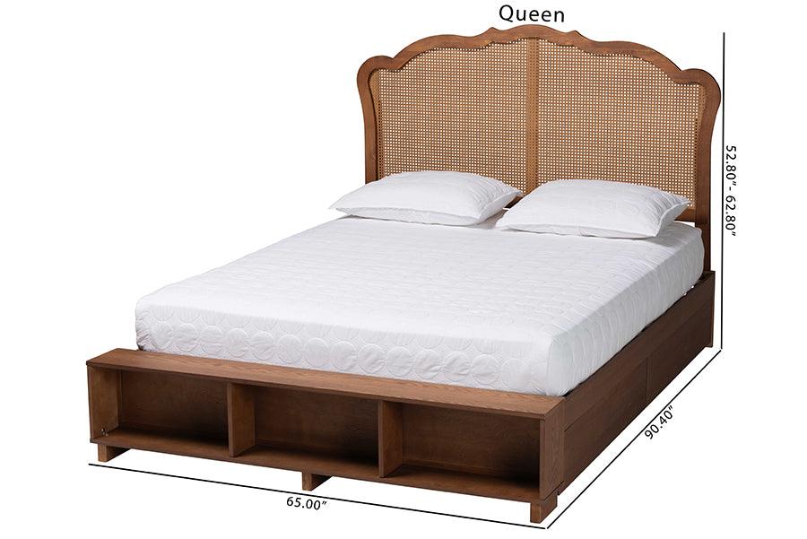 Baxton Studio Latrell Mid-Century Walnut Brown Wood and Rattan Queen Size Storage Bed FredCo