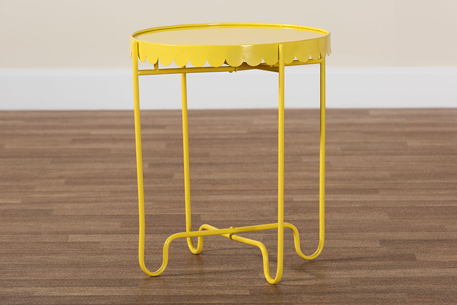 Baxton Studio Laverne Yellow Metal Side Table with Scalloped Tray Top - Round Accent Table with Decorative Base for Indoor or Semi-Outdoor Use FredCo