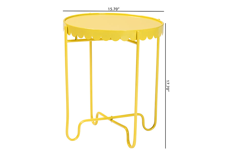 Baxton Studio Laverne Yellow Metal Side Table with Scalloped Tray Top - Round Accent Table with Decorative Base for Indoor or Semi-Outdoor Use FredCo