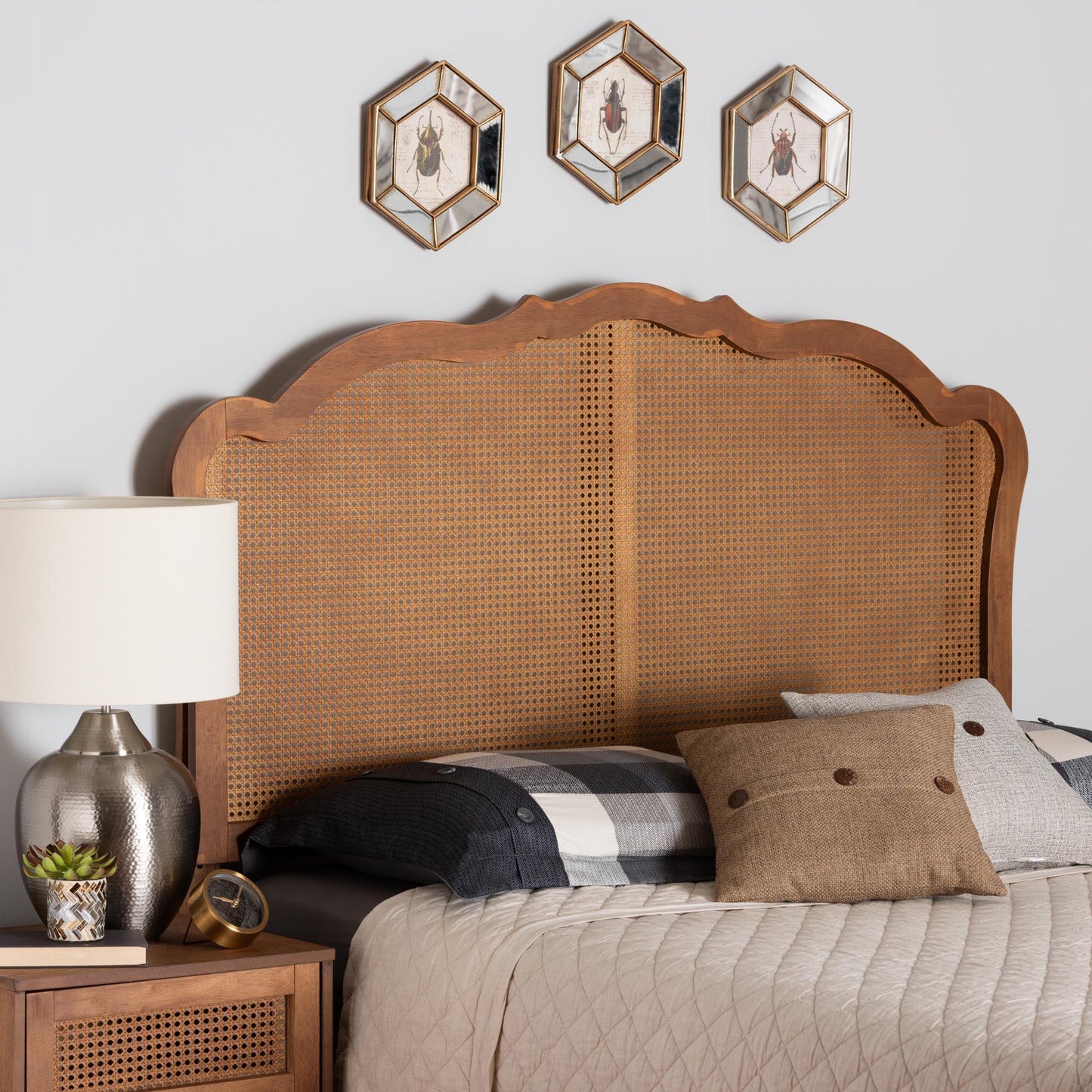 Baxton Studio Leandra Classic and Traditional Ash Walnut Finished Wood Headboard with Rattan FredCo