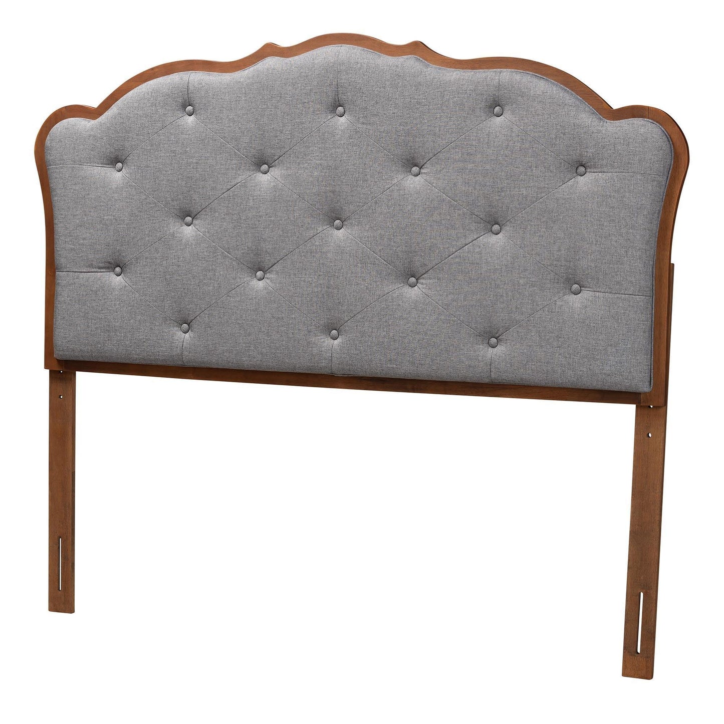 Baxton Studio Leandra Classic and Traditional Grey Fabric and Walnut Brown Finished Wood Headboard FredCo