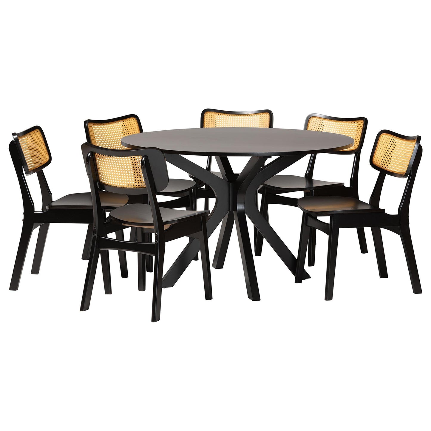 Baxton Studio Linnet Mid-Century Modern Dark Brown Finished Wood and Rattan 7-Piece Dining Set FredCo