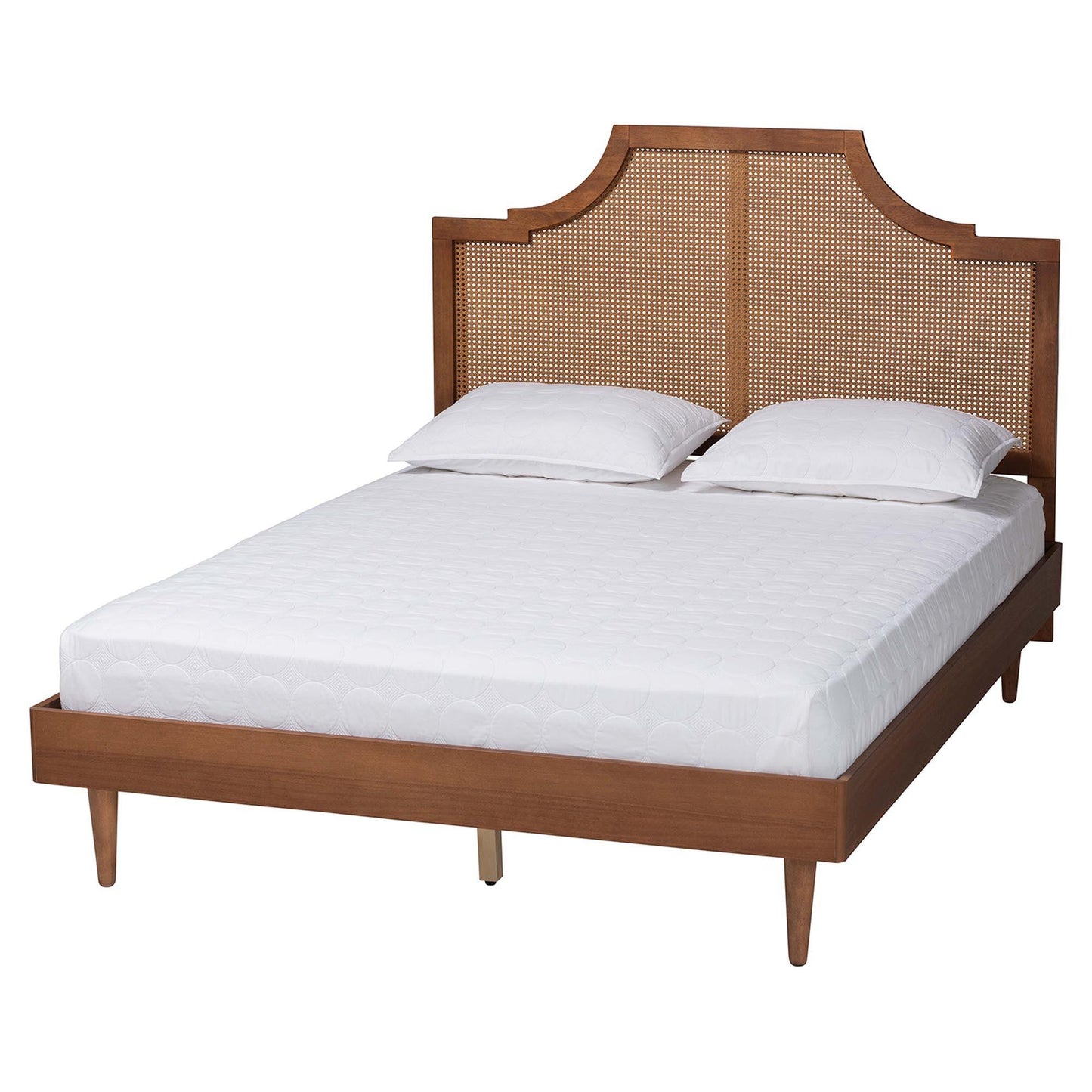 Baxton Studio Macaria Mid-Century Modern Ash Walnut Woven Rattan Queen Size Bed FredCo