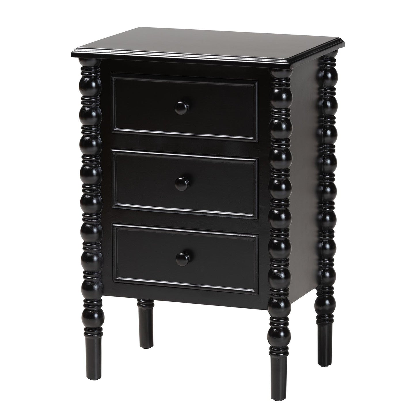 Baxton Studio Malinda Classic Black Wood 3-Drawer End Table with Spindle Legs FredCo