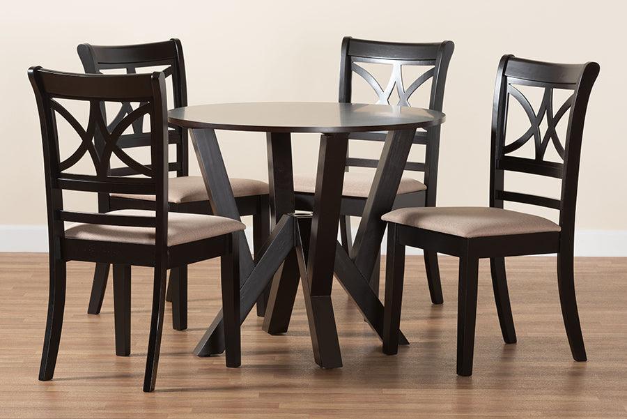 Baxton Studio Mari Modern Beige Fabric and Dark Brown Finished Wood 5-Piece Dining Set FredCo
