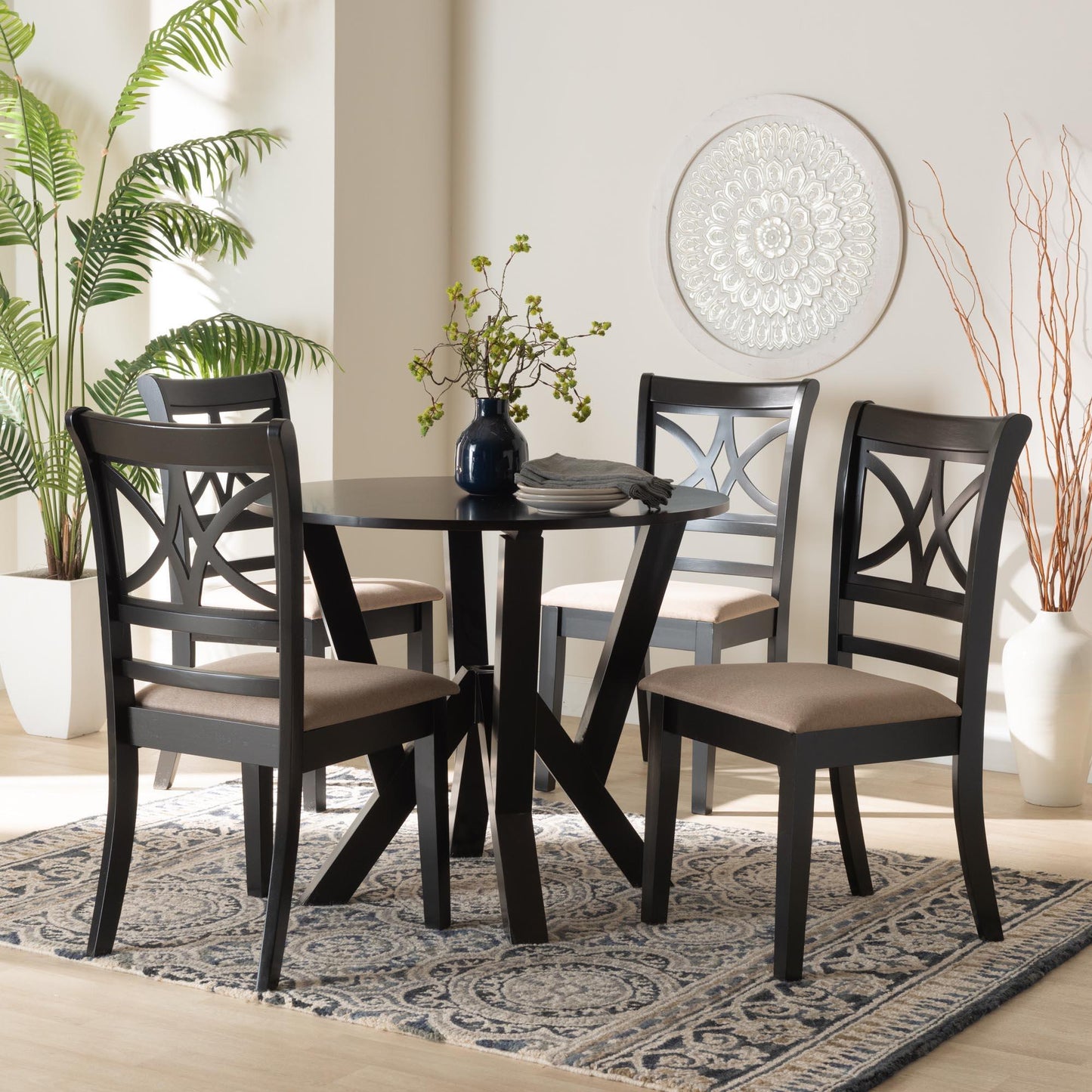 Baxton Studio Mari Modern Beige Fabric and Dark Brown Finished Wood 5-Piece Dining Set FredCo