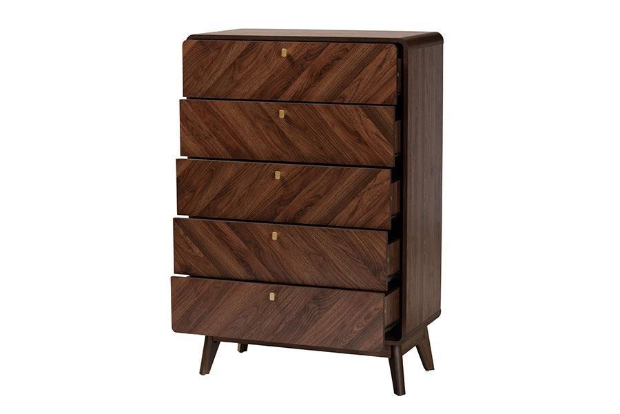 Baxton Studio Markell Mid-Century Modern Transitional Walnut Brown Finished Wood 5-Drawer Storage Chest FredCo