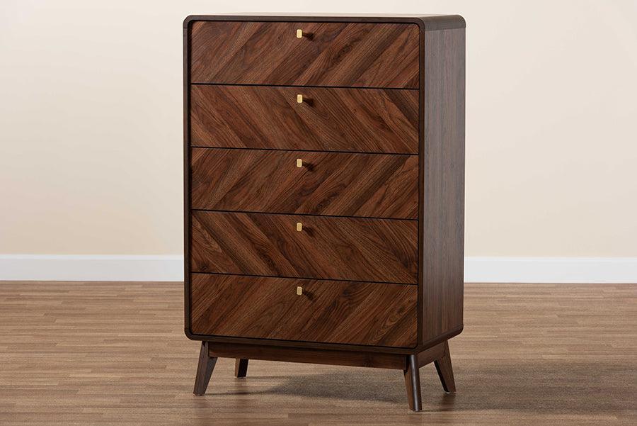Baxton Studio Markell Mid-Century Modern Transitional Walnut Brown Finished Wood 5-Drawer Storage Chest FredCo