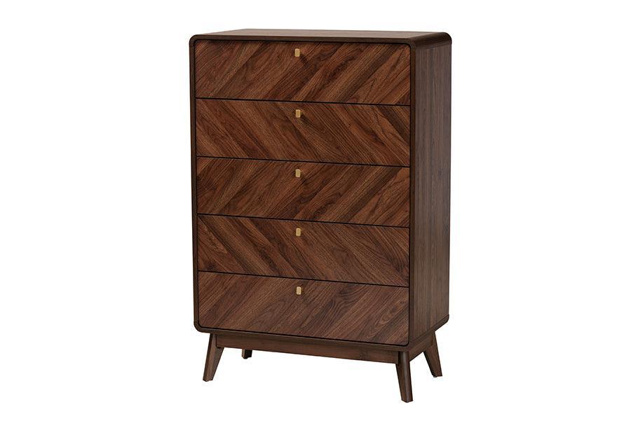 Baxton Studio Markell Mid-Century Modern Transitional Walnut Brown Finished Wood 5-Drawer Storage Chest FredCo