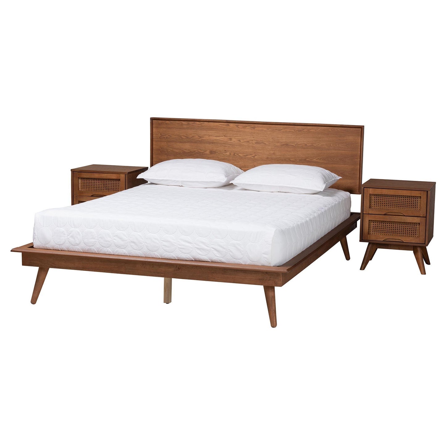 Baxton Studio Melora Mid-Century Modern Walnut Brown Finished Wood and Rattan Queen Size 3-Piece Bedroom Set FredCo