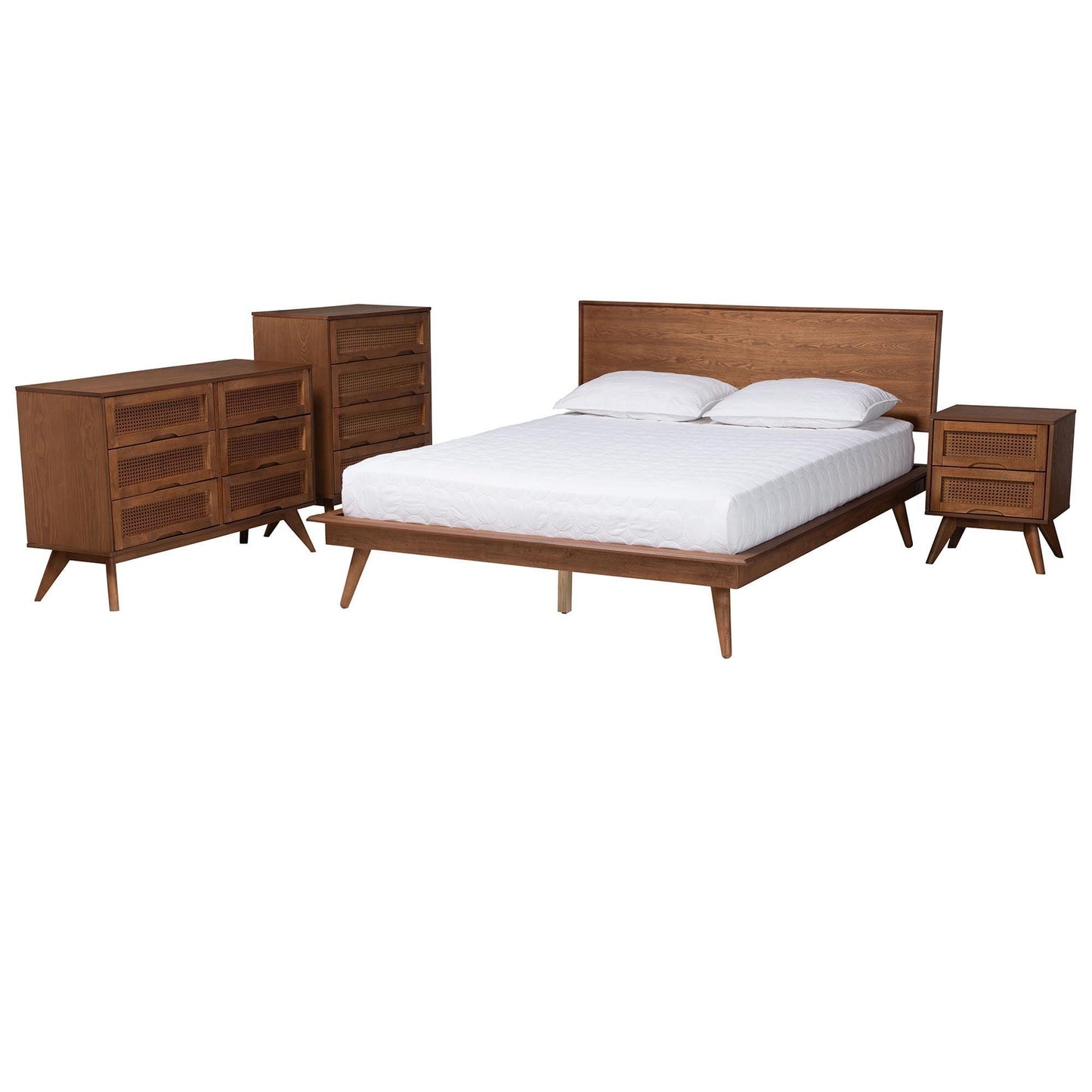 Baxton Studio Melora Mid-Century Modern Walnut Brown Finished Wood and Rattan Queen Size 4-Piece Bedroom Set FredCo