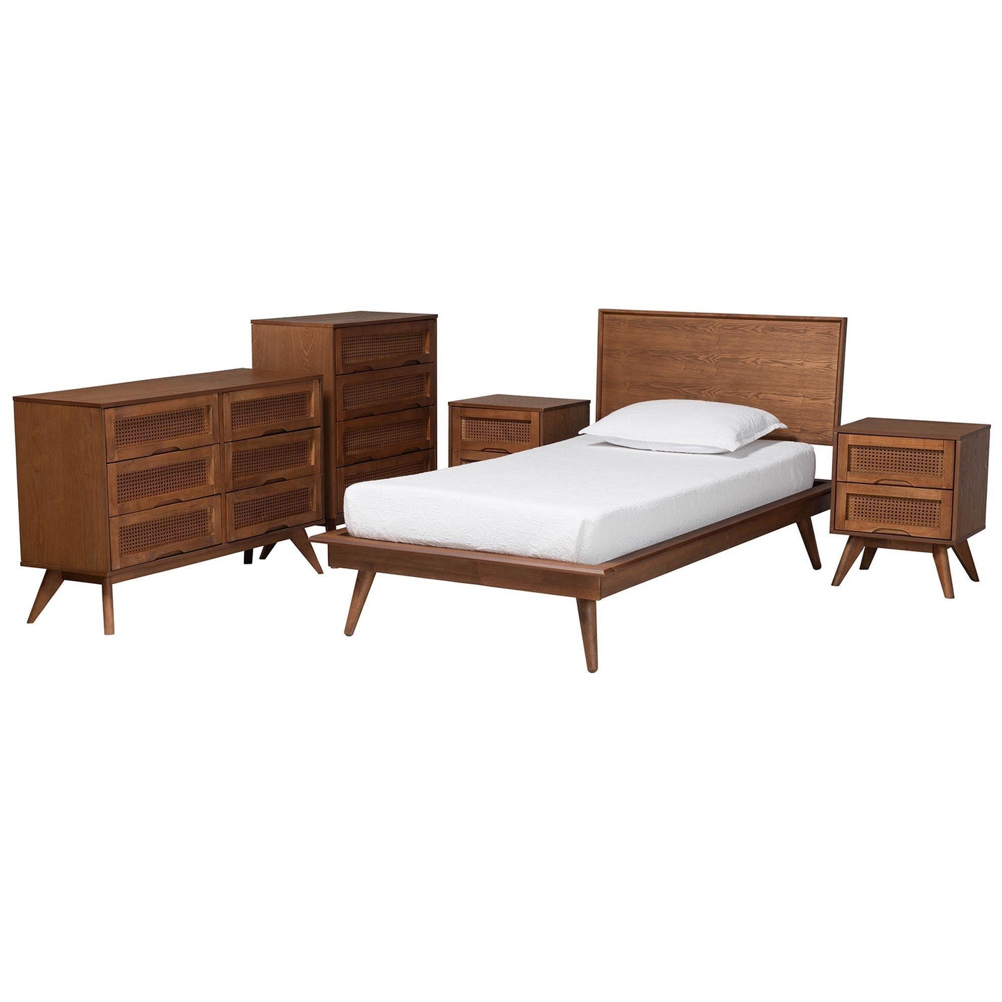 Baxton Studio Melora Mid-Century Modern Walnut Brown Finished Wood and Rattan Twin Size 5-Piece Bedroom Set FredCo