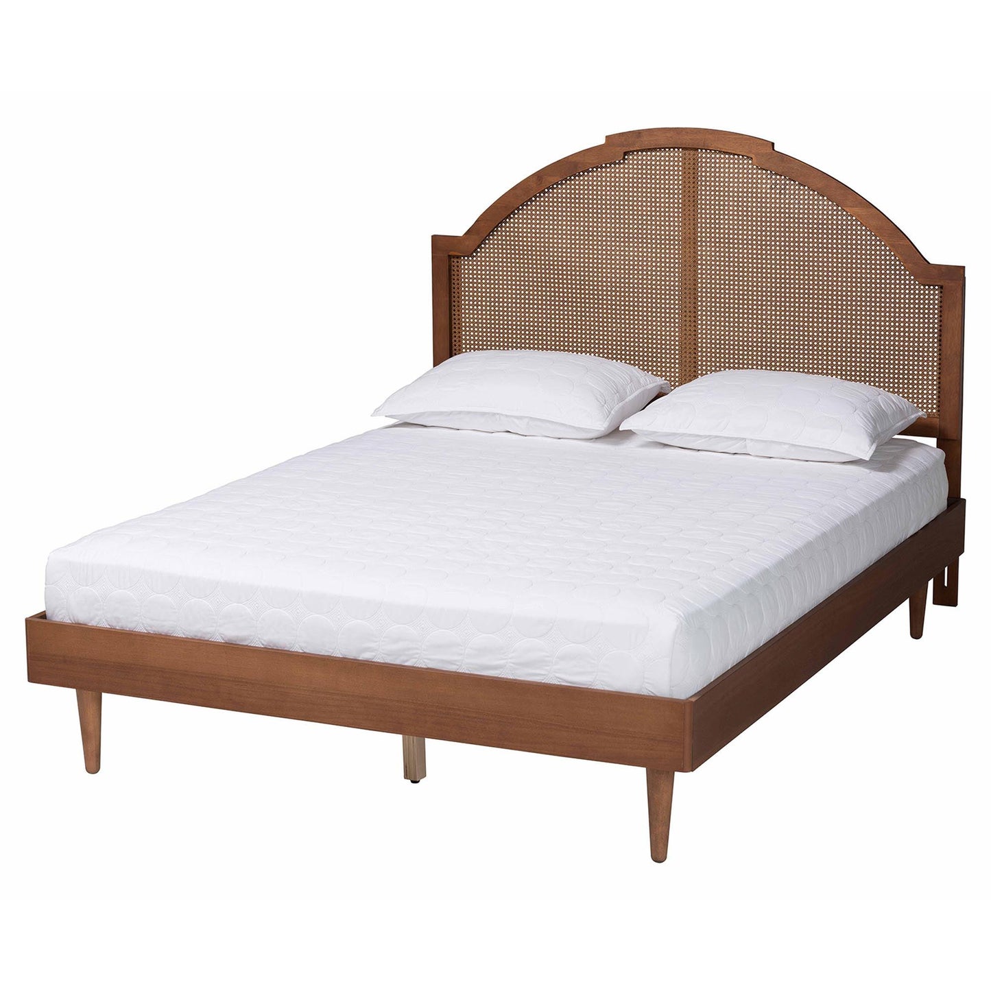 Baxton Studio Mendel Mid-Century Walnut Brown Wood and Rattan Queen Size Platform Bed FredCo