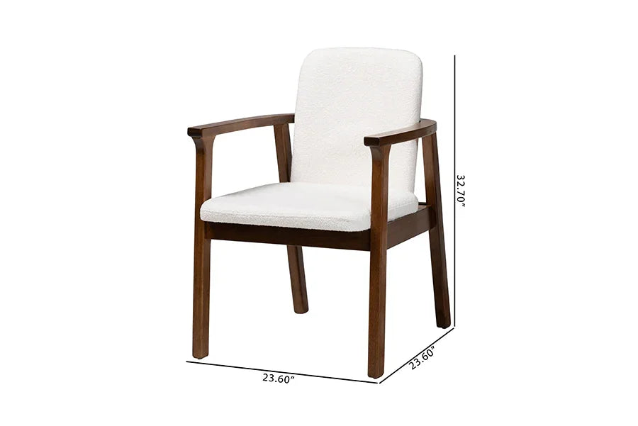 Baxton Studio Miyagi Boucle Upholstered Dining Chair Set of 2- Mid-Century Modern Armchair with Solid Wood Frame and Rounded Backrest, Walnut Brown and White FredCo