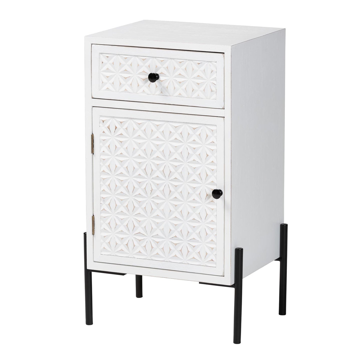 Baxton Studio Nefeli Mid-Century Transitional White Finished Wood and Black Metal 1-Drawer Storage Cabinet FredCo