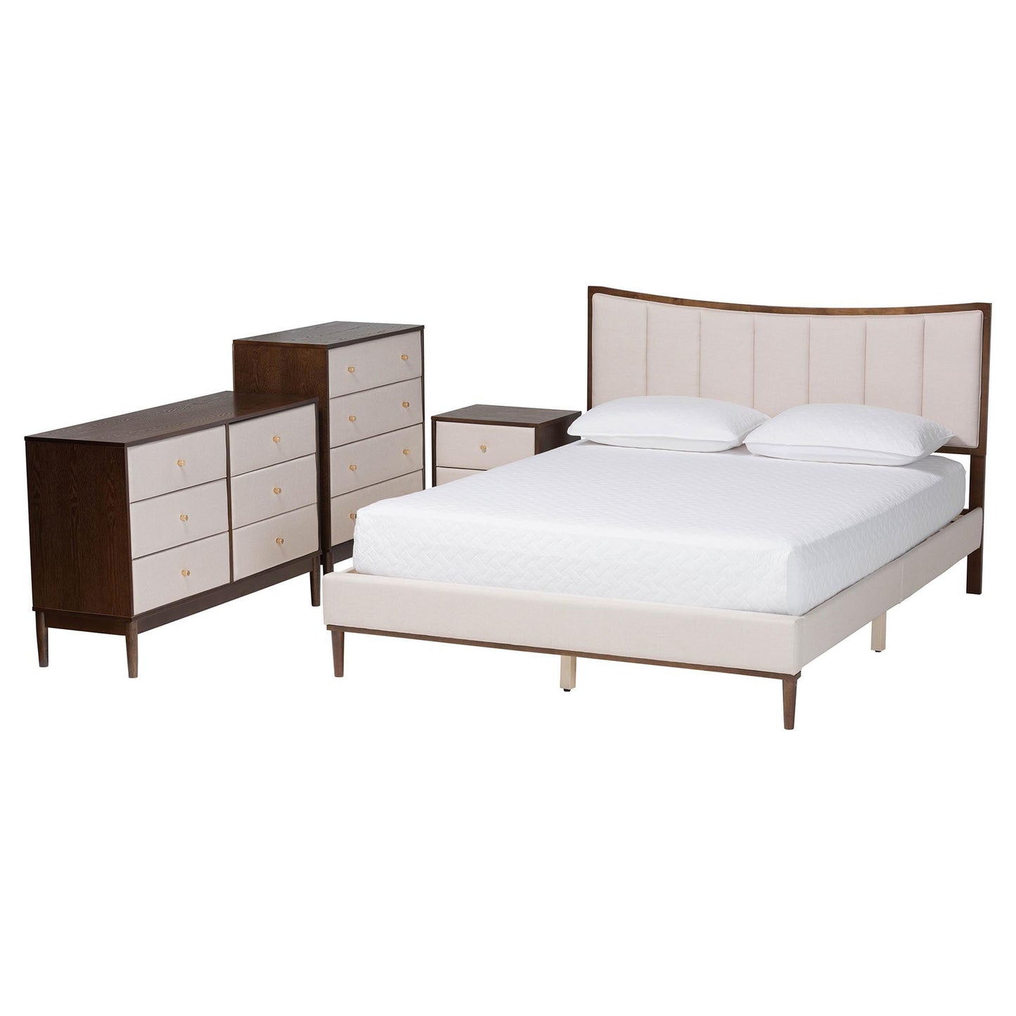 Baxton Studio Nikolai Mid-Century Channel Tufted Beige Fabric and Wenge Brown Wood 4-Piece Queen Bedroom Set FredCo