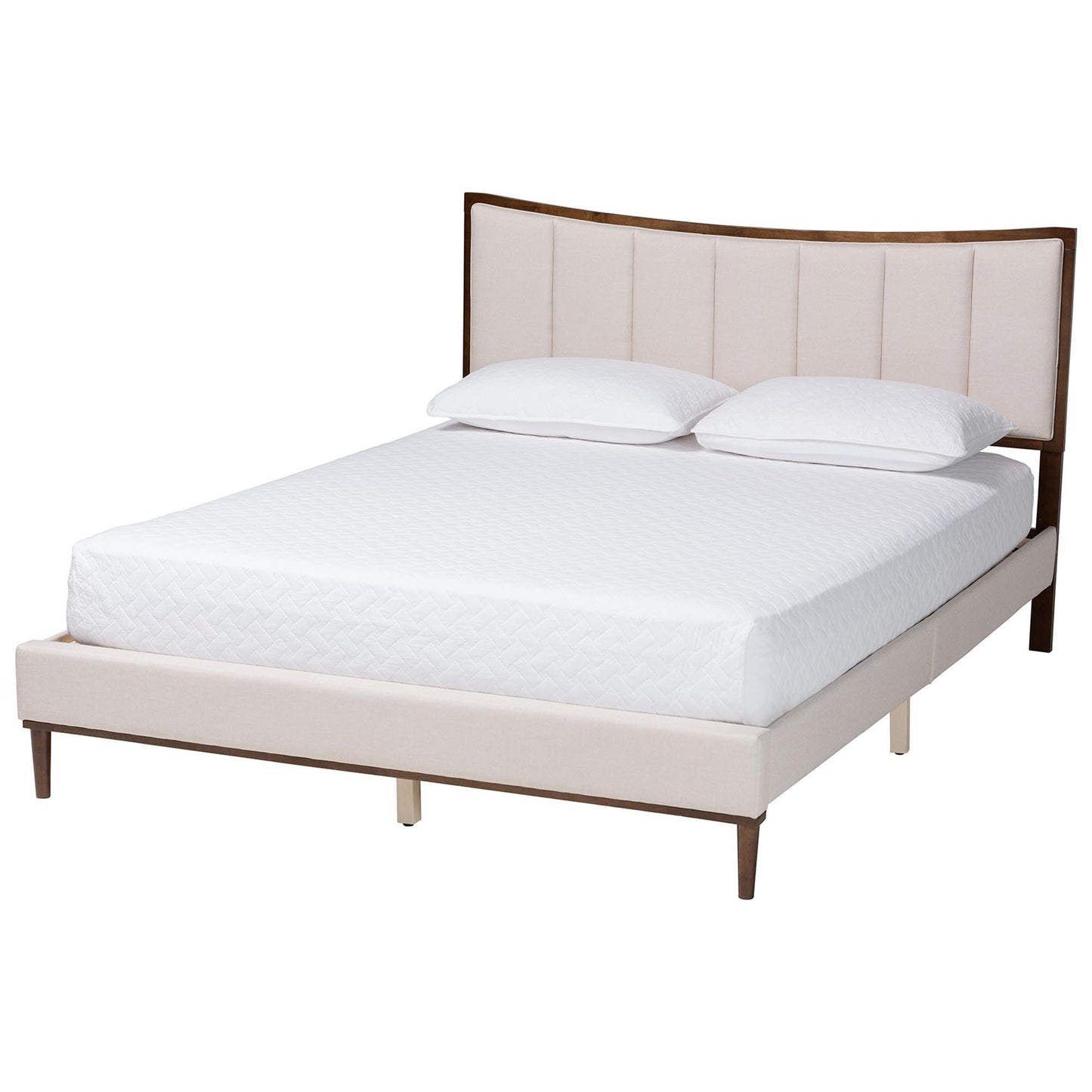 Baxton Studio Nikolai Mid-Century Channel Tufted Beige Fabric and Wenge Brown Wood Queen Bed FredCo