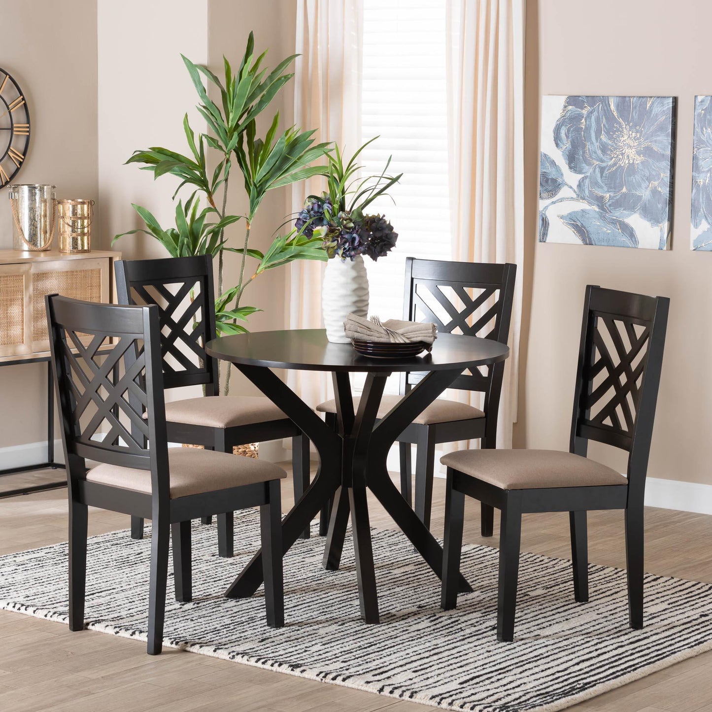 Baxton Studio Norah Modern Sand Fabric and Dark Brown Finished Wood 5-Piece Dining Set FredCo