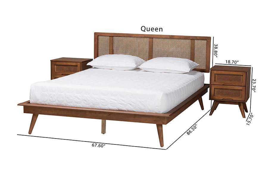 Baxton Studio Nura Mid-Century Modern Walnut Brown Finished Wood and Rattan King Size 3-Piece Bedroom Set FredCo