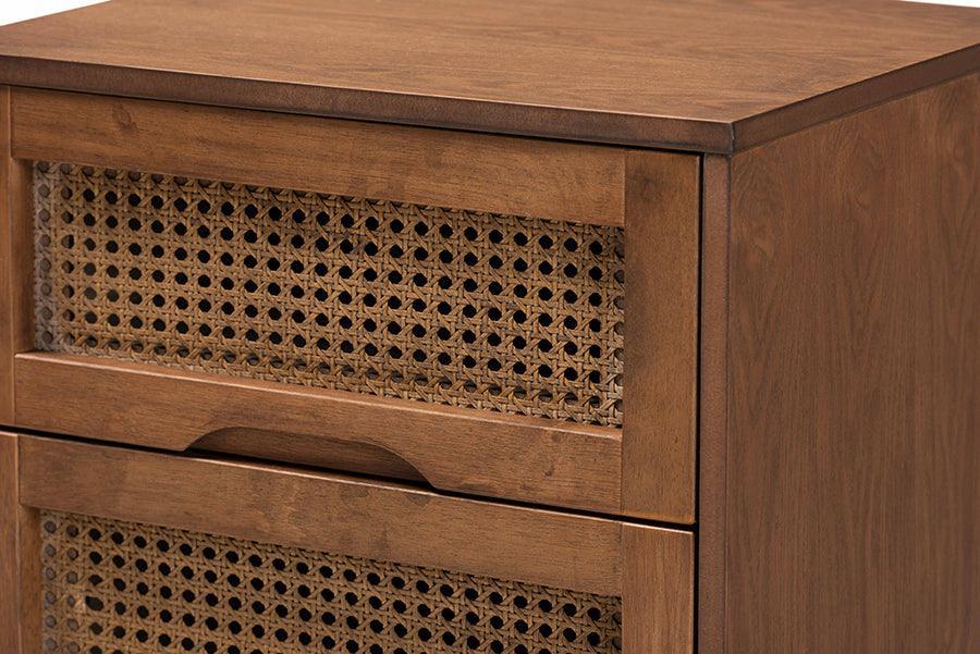 Baxton Studio Nura Mid-Century Modern Walnut Brown Finished Wood and Rattan King Size 3-Piece Bedroom Set FredCo
