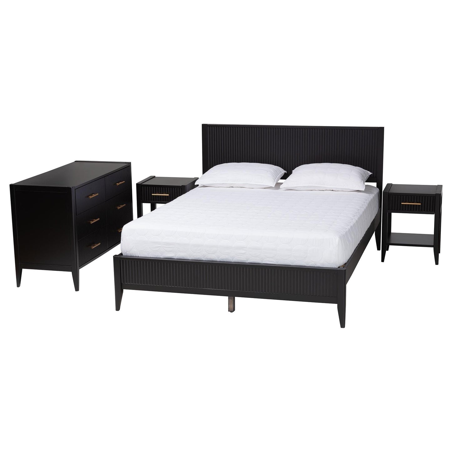 Baxton Studio Primrose Mid-Century Black Fluted Wood Queen Size 4-Piece Bedroom Set FredCo