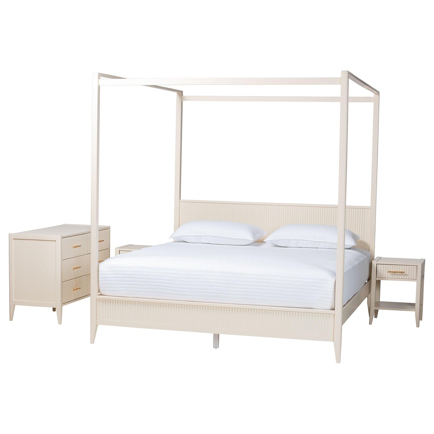 Baxton Studio Primrose Mid-Century Ivory Fluted Wood King Size 4-Piece Canopy Bedroom Set FredCo