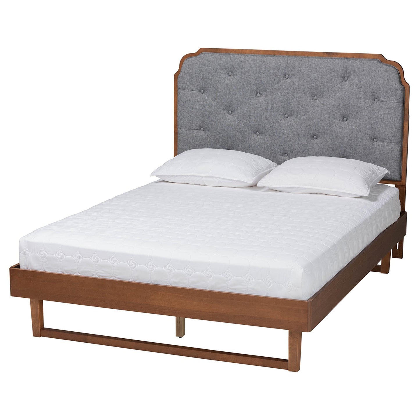 Baxton Studio Roald Mid-Century Modern Grey Fabric and Walnut Brown Wood Queen Size Platform Bed FredCo