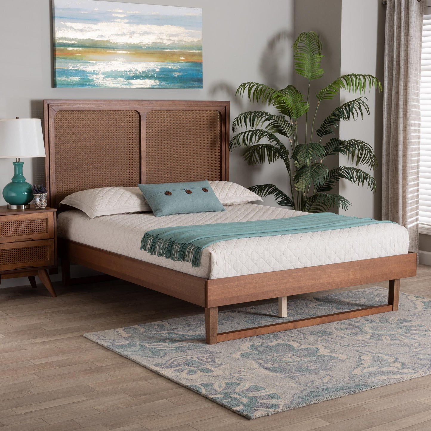 Baxton Studio Rondell Mid-Century Modern Ash Walnut Woven Rattan Queen Size Bed FredCo